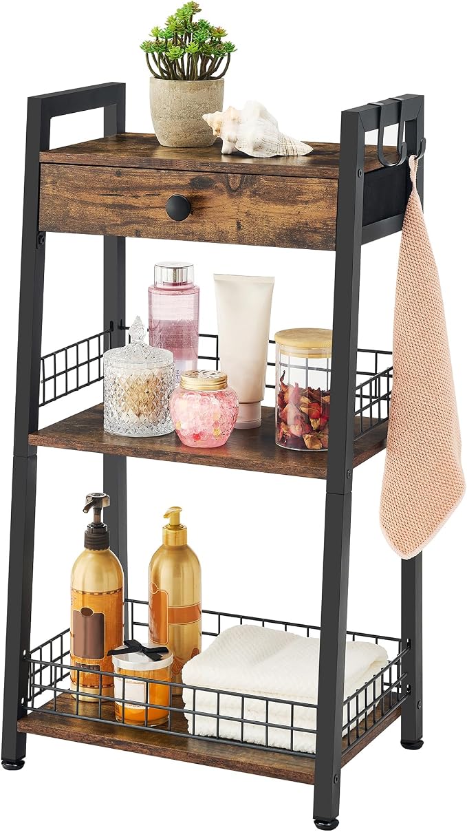 3-Tier Ladder Shelf with Drawer, Bathroom Table Stand by Gewudraw