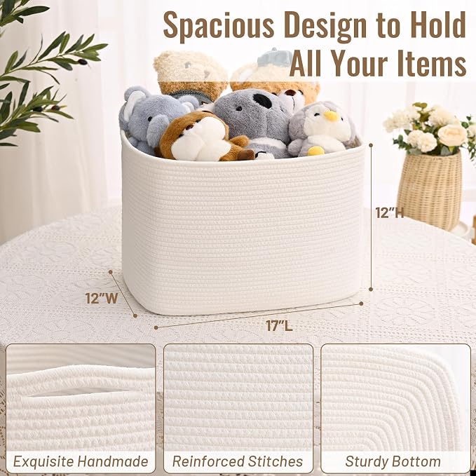 3 Pack Cube Storage Bin, 17”x12”x12” Cotton Rope Woven Baskets - Image 4