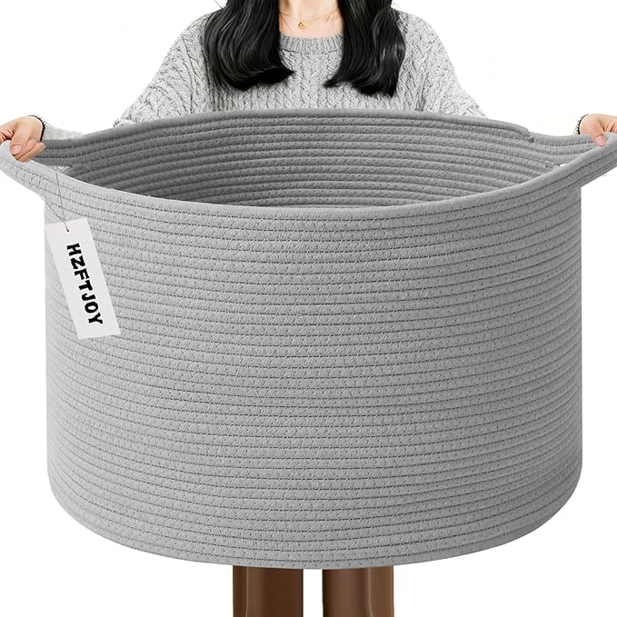 65L Large Blanket Basket, 19.7" L x 19.7" W x 13" H Rope Woven Baskets by HZFTJOY