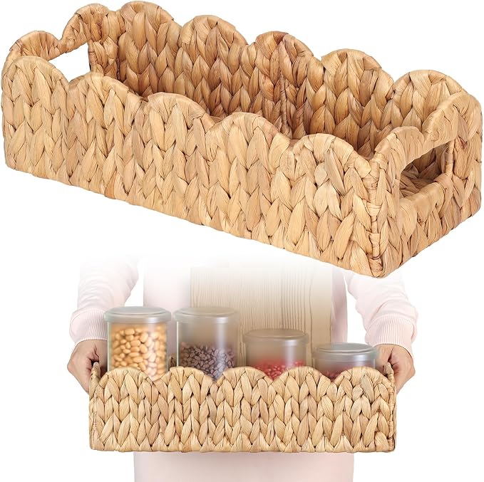 Handwoven Water Hyacinth Scalloped Countertop Storage Basket, Toilet Tank Basket by VINAHAND