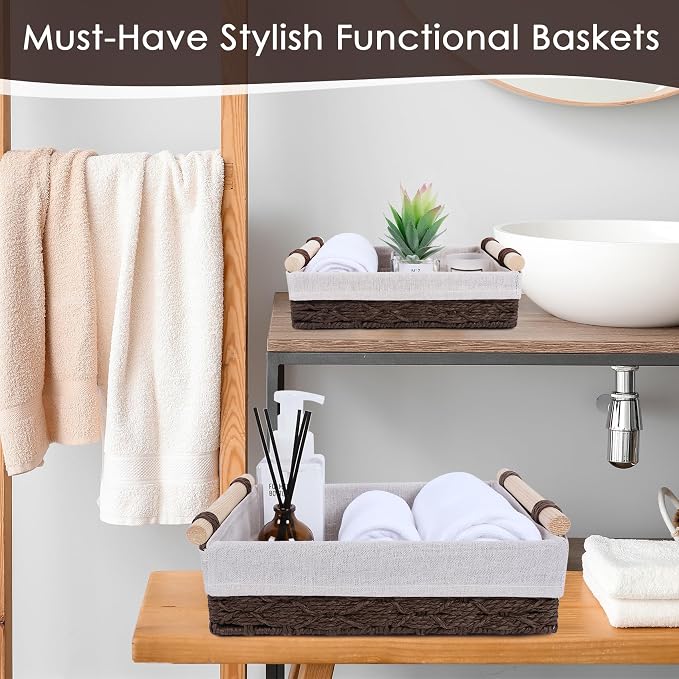 Wicker Storage Basket with Wooden Handle – Paper Rope Decorative Toilet Paper - Image 4