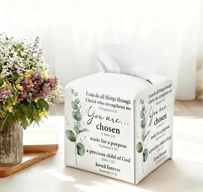 Inspirational Christian Tissue Box Cover Square, You are Chose Leather Tissue - Image 3