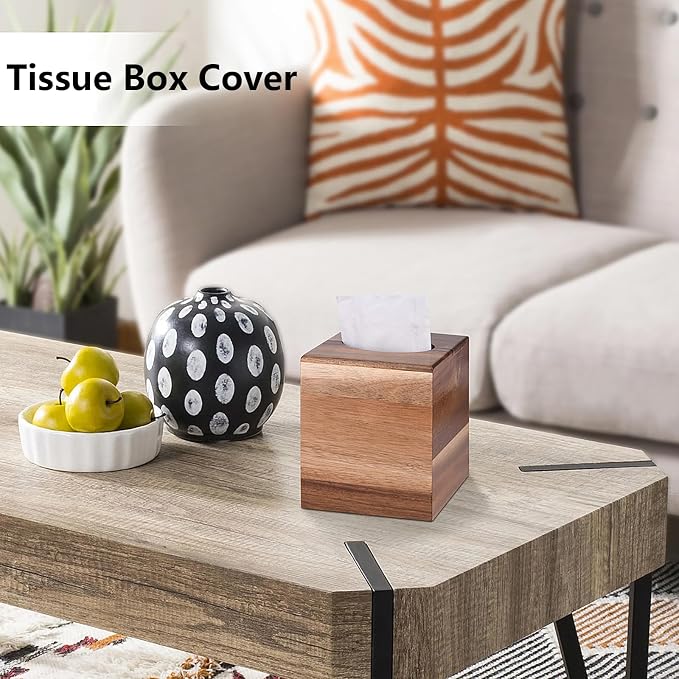 Tissue Box Cover Square, Acacia Wood Tissue Box Holder - Image 2