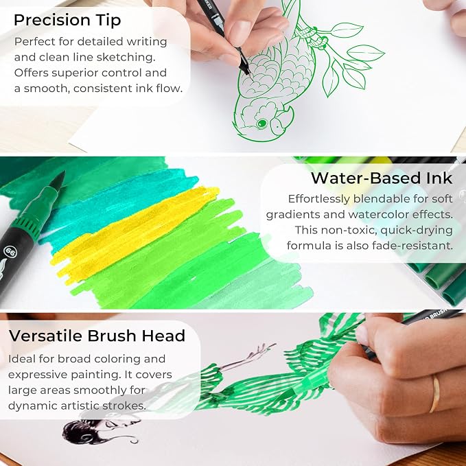Green Duo Tip Marker Pens, 12 Pack Fine & Brush Markers - Image 3
