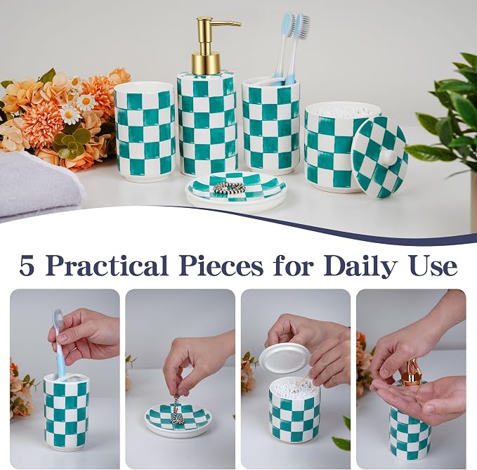 Ceramic Bathroom Soap Dispenser Set, Checkered Bathroom Vanity Set - Image 4