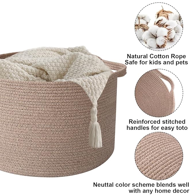 65L Large Blanket Basket, 19.7" L x 19.7" W x 13" H Rope Woven Baskets - Image 3