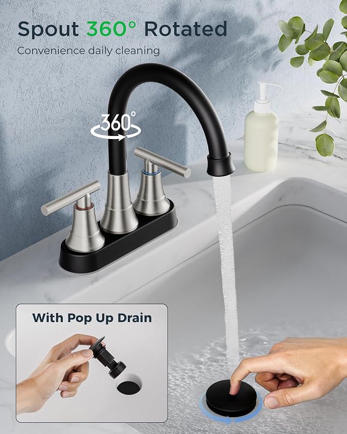 FORIOUS Black and Brushed Nickel Bathroom Faucets, 4 Inch Centerset Bathroom - Image 5