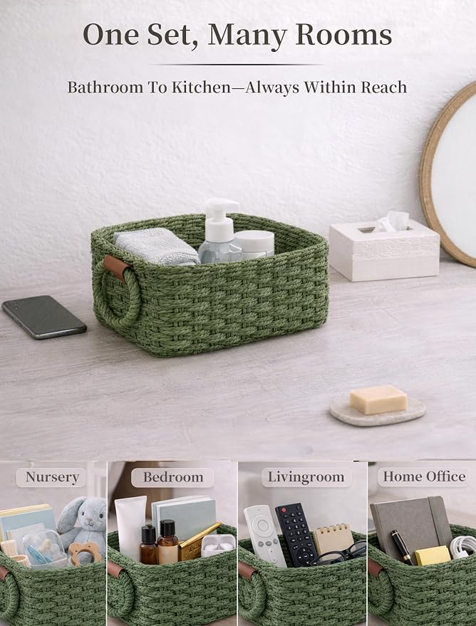 Storage Basket, Recycled Paper Rope Bathroom Basket Organizer, Mini wicker - Image 6