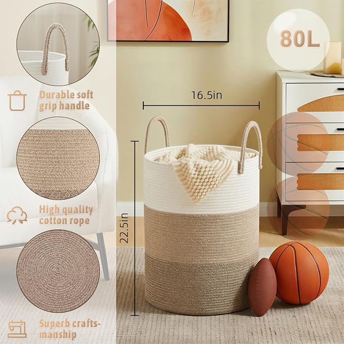 Laundry Basket, Woven Cotton Rope Laundry Hamper, 80L - Image 6