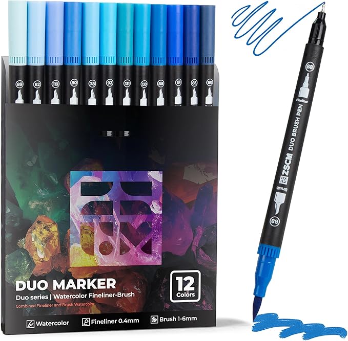 Blue Duo Tip Marker Pens, 12 Pack Fine & Brush Markers by ZSCM