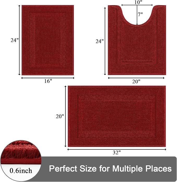SHACOS Red Bathroom Rugs Set of 3 Pieces, Non-Slip Extra Soft Absorbent Bath - Image 2