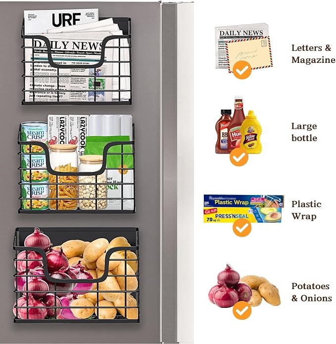 Magnetic Shelf for Fridge, 3 Pack Metal Fridge Organizer Baskets, Magnetic Cup - Image 5