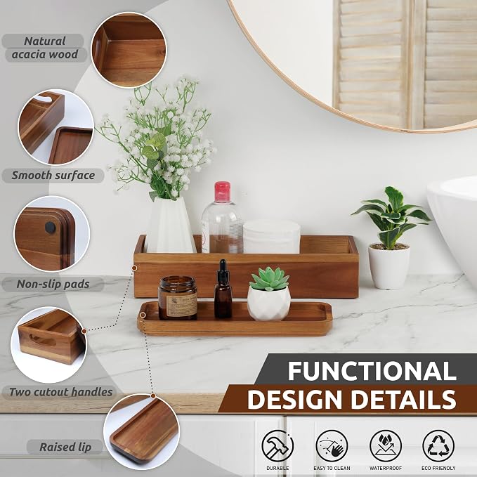Handmade Toilet Tank Basket Topper & Vanity Tray Set of Natural Acacia Wood by - Image 3