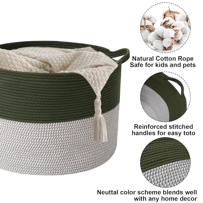 65L Large Blanket Basket, 19.7" L x 19.7" W x 13" H Rope Woven Baskets - Image 3