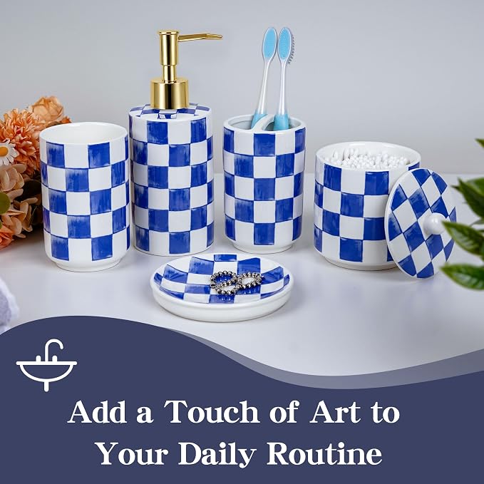Ceramic Bathroom Soap Dispenser Set, Checkered Bathroom Vanity Set - Image 2