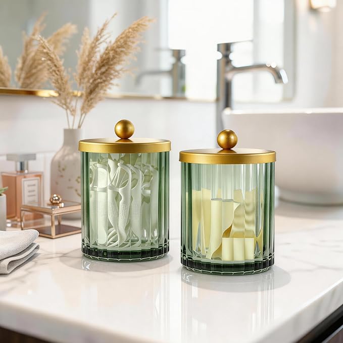 Amolliar Sage Green Glass Qtip Holder Dispenser, Bathroom Canister Apothecary - Image 3