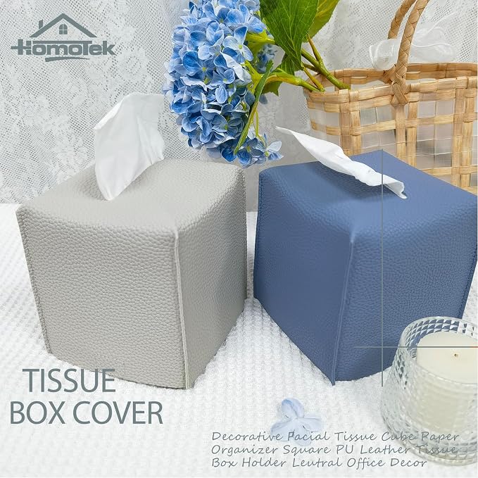 HOMOTEK 2 Pack Tissue Box Cover, Square PU Leather Tissue Holder, Decorative - Image 5