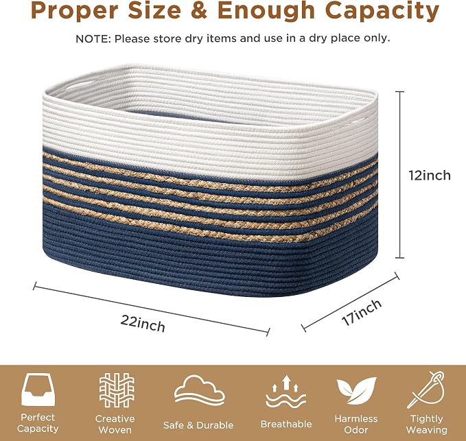 UBBCARE Blanket Basket, Large Rectangle Woven Storage Basket - Image 2