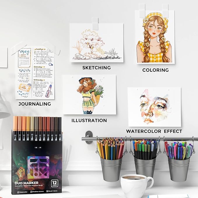 Skin Tone Duo Tip Marker Pens, 12 Pack Fine & Brush Markers - Image 6