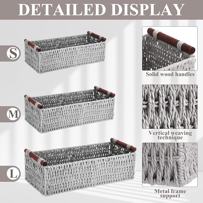 Boao 3 Pcs Boho Storage Wicker Baskets Handmade Woven Decorative Paper Rope - Image 3