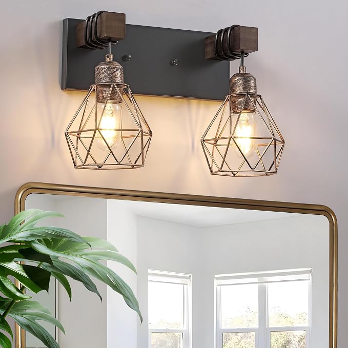 Farmhouse Bathroom Vanity Light Fixtures, 2-Light Wood Bathroom Light Fixtures by MAESTA