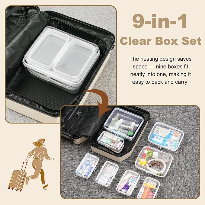 9 pcs Zipper Pouches Nesting Set, Hard Shell Toiletry Bag, Stackable Travel - Image 3