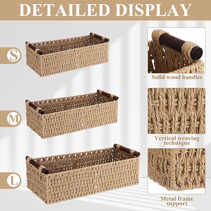 Boao 3 Pcs Boho Storage Wicker Baskets Handmade Woven Decorative Paper Rope - Image 3