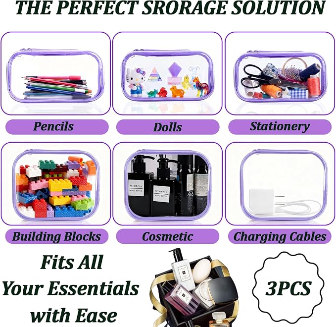 3 Pcs Clear Hard Zipper Case, Hard Shell Plastic Clear Organizer Bag, - Image 4