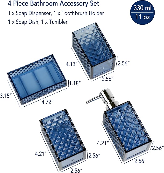 Blue Bathroom Accessories Set, Diamond Pattern Bathroom Soap Dispenser and - Image 2