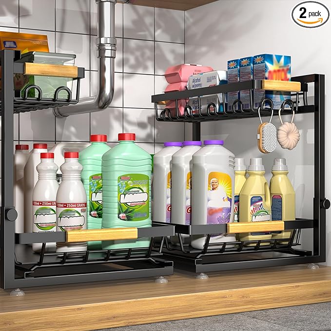 2 Packs Under Sink Organizer, Height Adjustable 2 Tier Under Kitchen Sink by Sevenblue