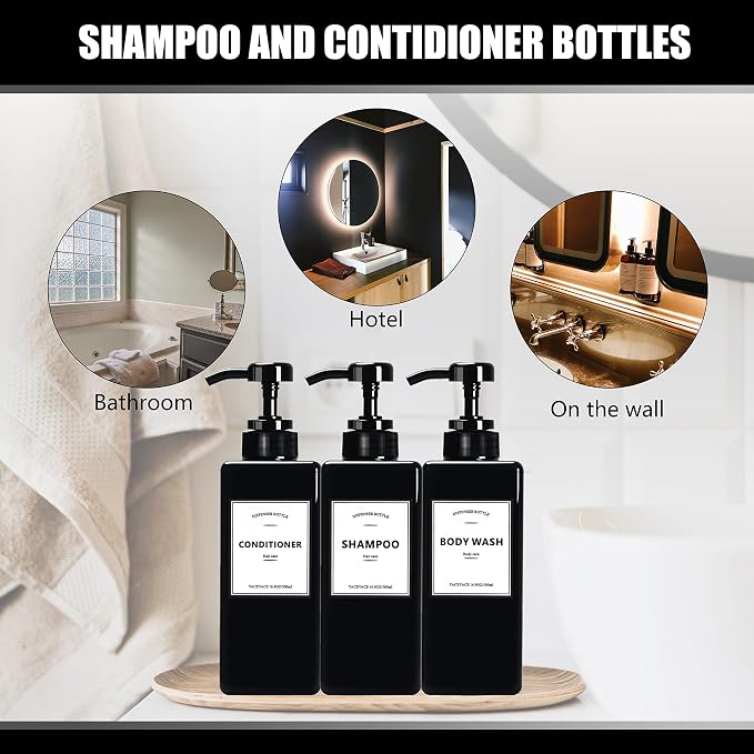 Black Shampoo Dispenser with Pump, YACEYACE 16.9oz Set of 3 Shampoo Bottles - Image 7