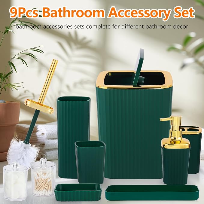 Bathroom Accessory Set, 9 Pieces Dark Green Bathroom Accessories Set - Image 2