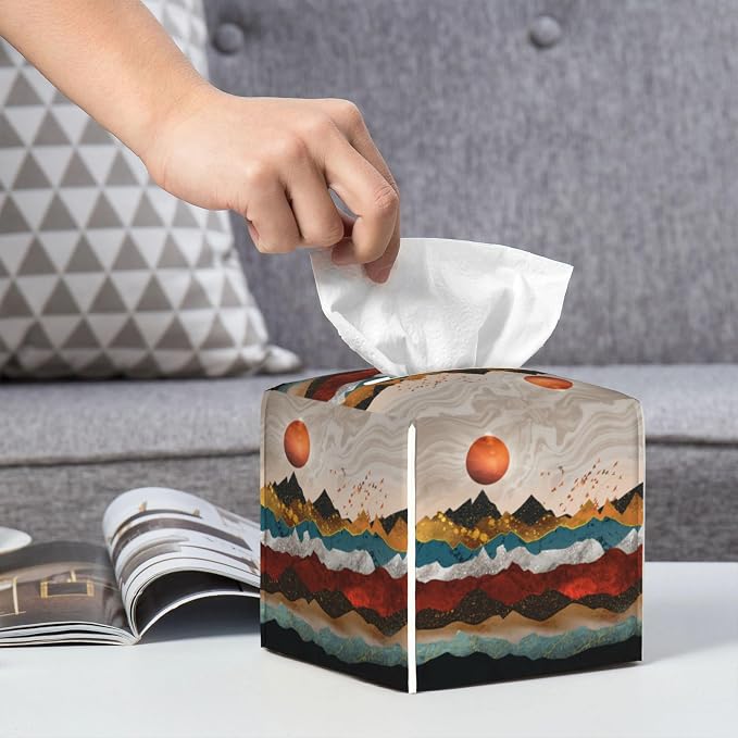Gold Mountains and Red Sun Tissue Box Cover Square, Abstract Mountain Sunset - Image 6