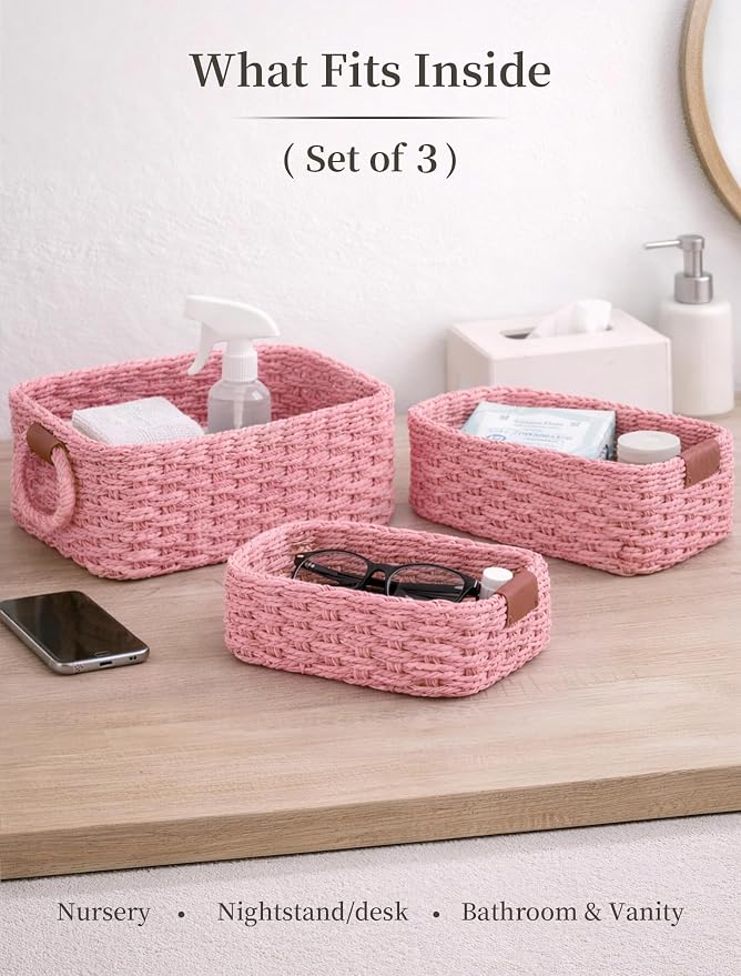 Storage Basket, Recycled Paper Rope Bathroom Basket Organizer, Mini wicker - Image 3