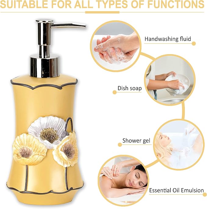 Zahari Home 4pc Poppy Fields Yellow Bathroom Accessories Set Hand Soap Dispenser - Image 3