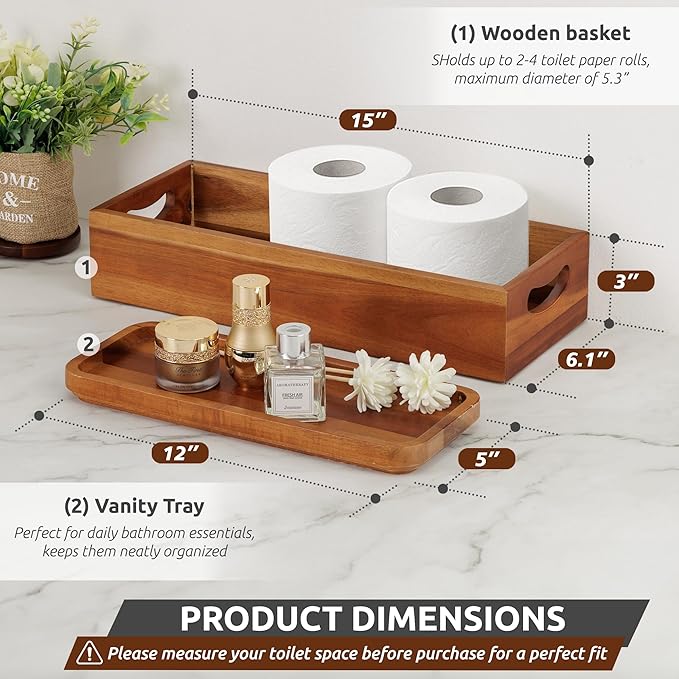 Handmade Toilet Tank Basket Topper & Vanity Tray Set of Natural Acacia Wood by - Image 2