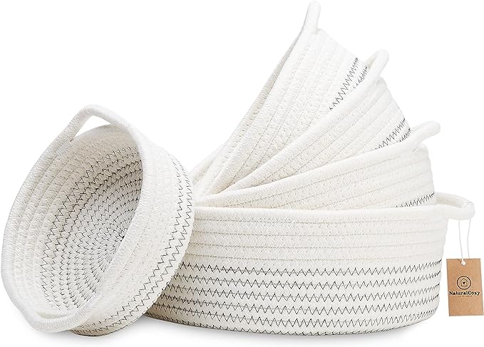 NaturalCozy 5-Piece Round Small Woven Baskets Set– Cotton Rope Baskets by NaturalCozy