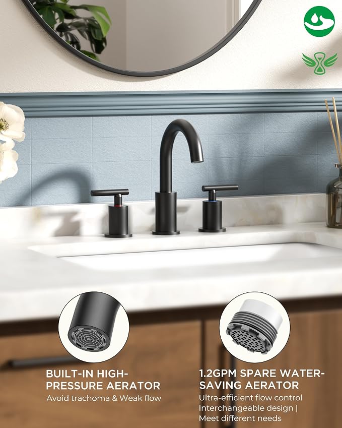 FORIOUS Black Bathroom Faucet 3 Hole, 8 Inch Matte Black Bathroom Sink Faucet - Image 2