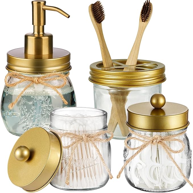 Amolliar Mason Jar Bathroom Accessories Set 4 Pcs -Lotion Soap Dispenser & 2 by Amolliar