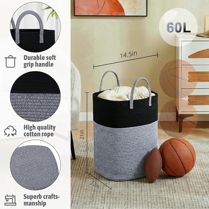 Laundry Basket, Woven Cotton Rope Laundry Hamper, Versatile Storage - Image 2