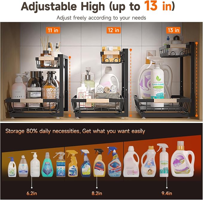 2 Packs Under Sink Organizer, Height Adjustable 2 Tier Under Kitchen Sink - Image 2