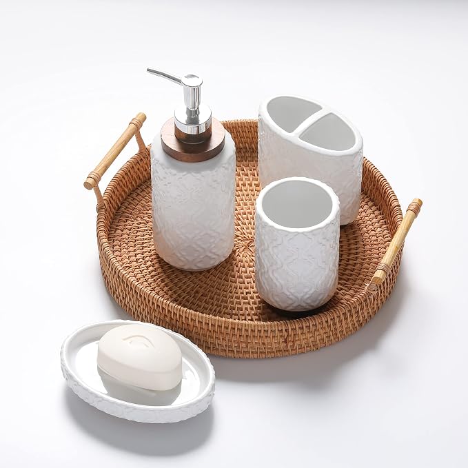 Elegant Bathroom Accessories Set 4 PCS Ceramic and Wood Bathroom Accessory Set - Image 6
