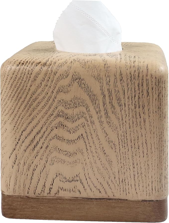 Hymmah Wooden Texture Square Tissue Box Cover Cube Tissue Holder Unique Design by Hymmah