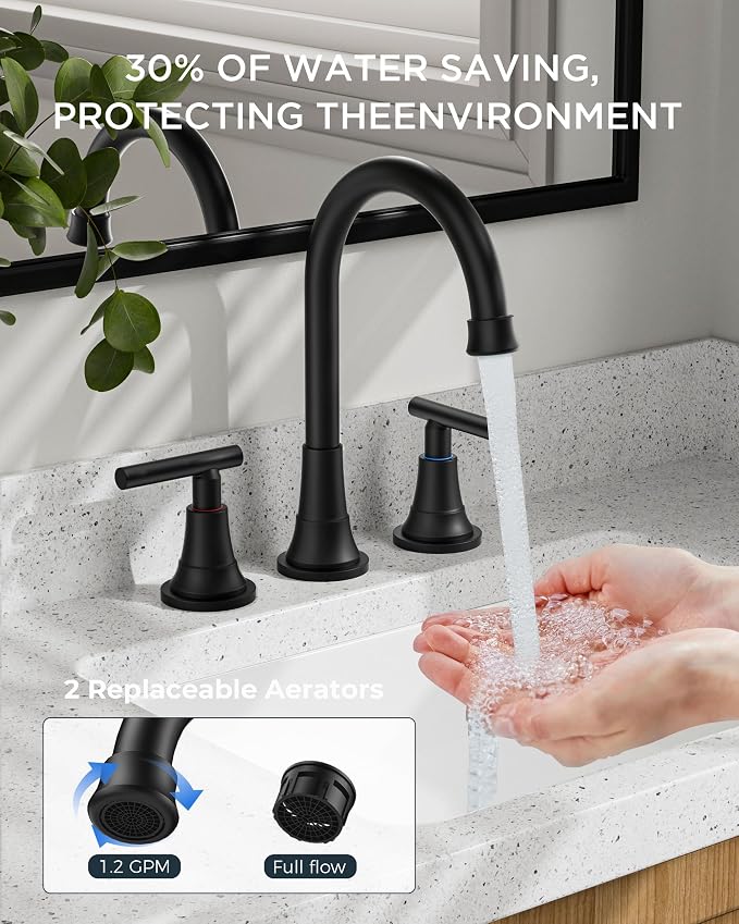 FORIOUS Matte Black Bathroom Faucet 3 Holes Vanity, 2 Handle 360° Swivel 8 In - Image 2
