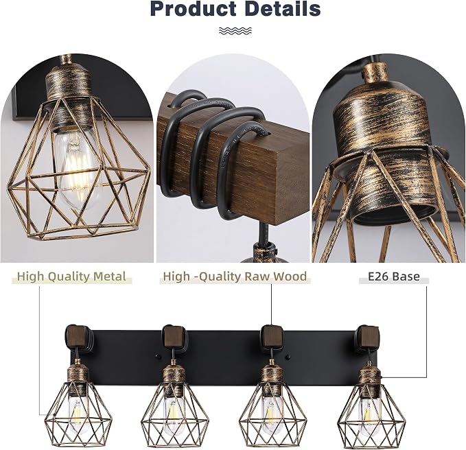 Farmhouse Bathroom Vanity Light Fixtures, 4-Light Black Gold Bathroom Light - Image 4