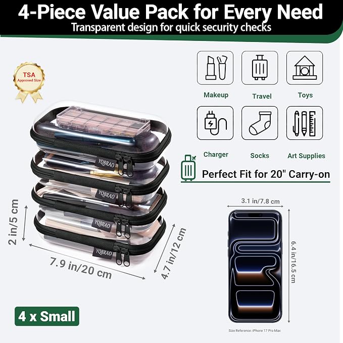 YQBRA 4 Pack Clear Hard Shell Zipper Case, See-Through Hard Plastic Organizer - Image 4