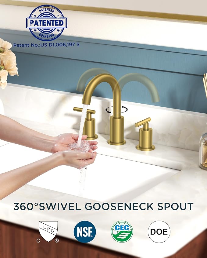 FORIOUS Brushed Gold Bathroom Faucet 3 Hole, 2 Handle 8 Inch Widespread Gold - Image 4