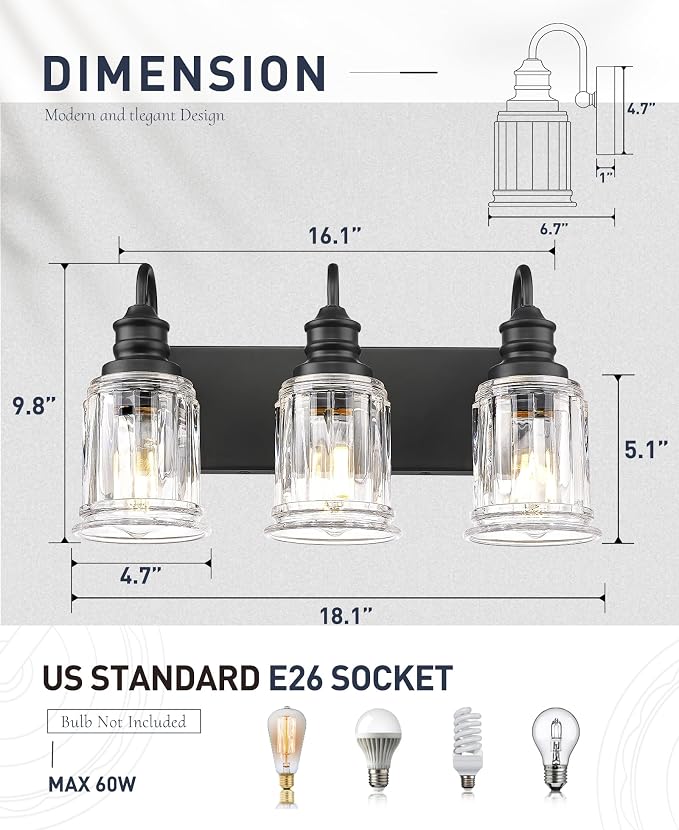 HWH INVESTMENT Bathroom Light Fixtures, 3-Light Matte Black Vanity Light - Image 2