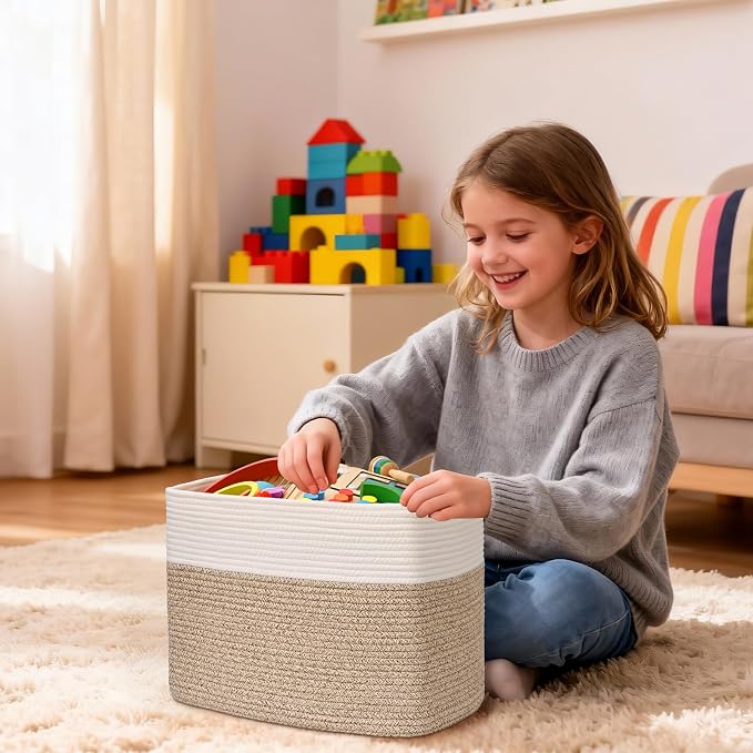 3 Pack Cube Storage Bin, 17”x12”x12” Cotton Rope Woven Baskets - Image 5