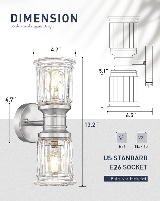 Bathroom Wall Sconces, HWH Brushed Nickel Wall Lighting - Image 2